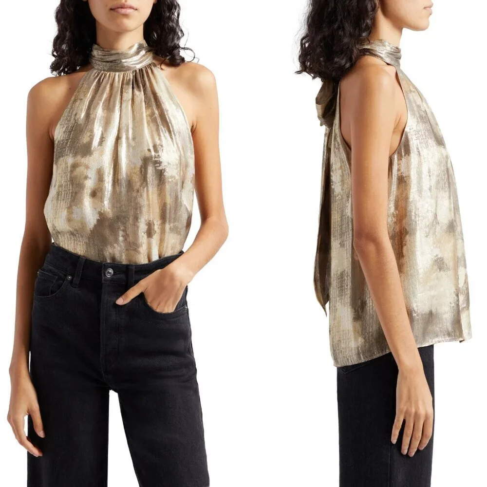 New! Ramy Brook Arielle Metallic Blurred Floral Halter Blouse Top  20737